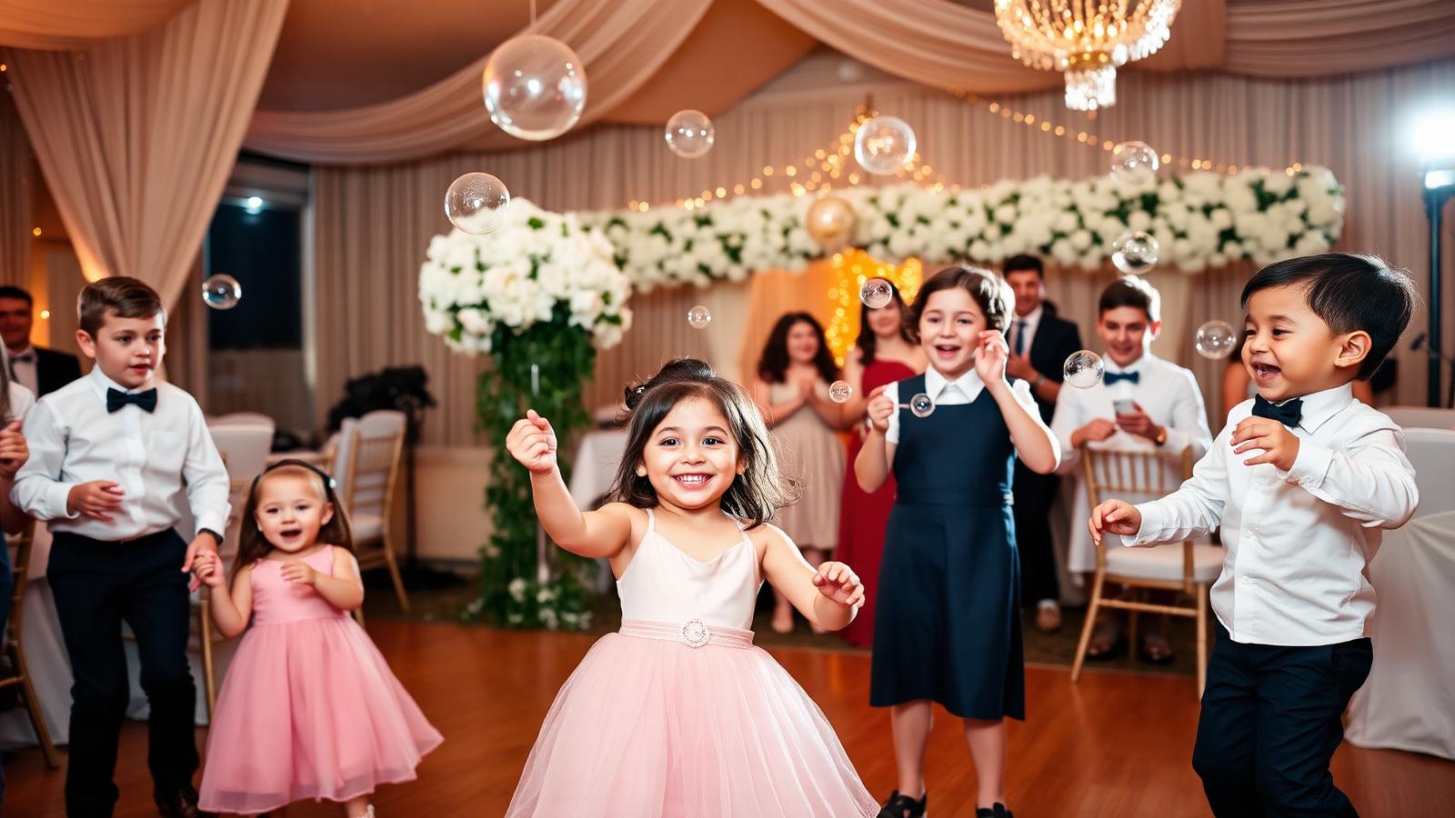 Enfants dansant joyeusement dans une salle de mariage élégante